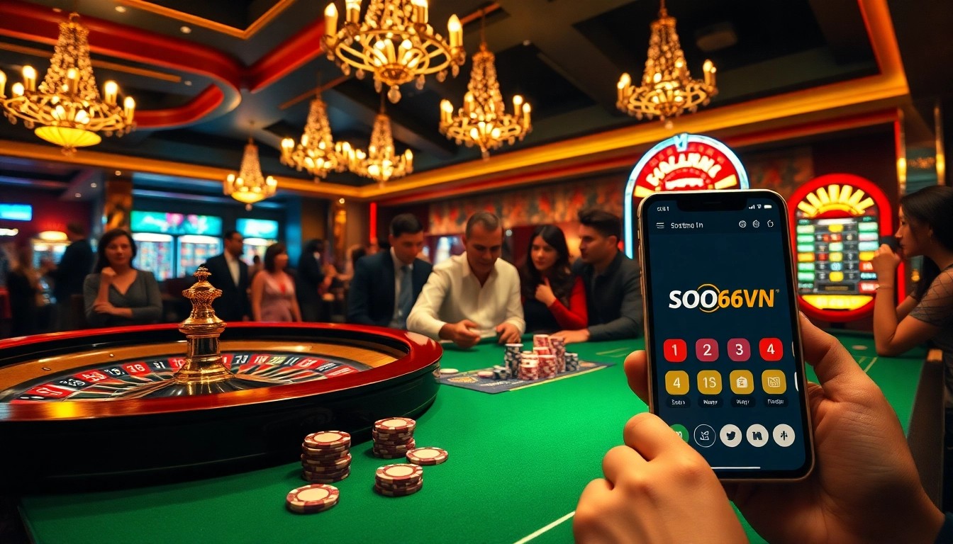 Exciting casino atmosphere with SODO66VN app interface, roulette wheel, and poker chips.