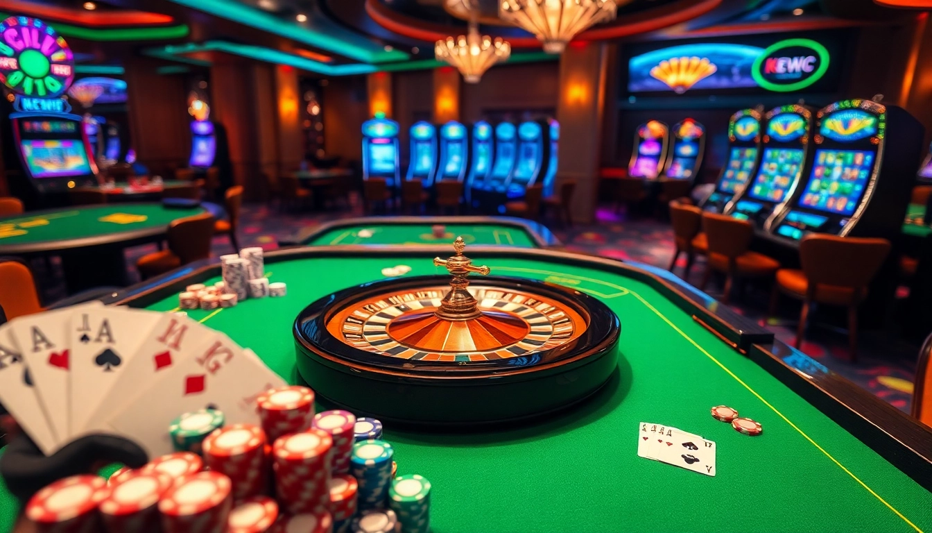 Experience the excitement of gambling at www.kjc.global with vibrant casino tables and roulette wheel.