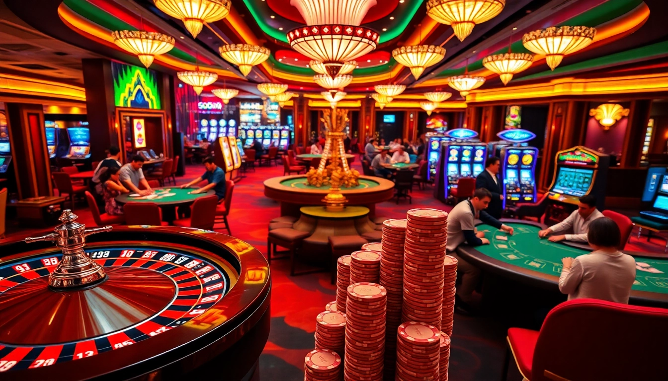 SODO CASINO betting action with vibrant poker and roulette tables filled with players.