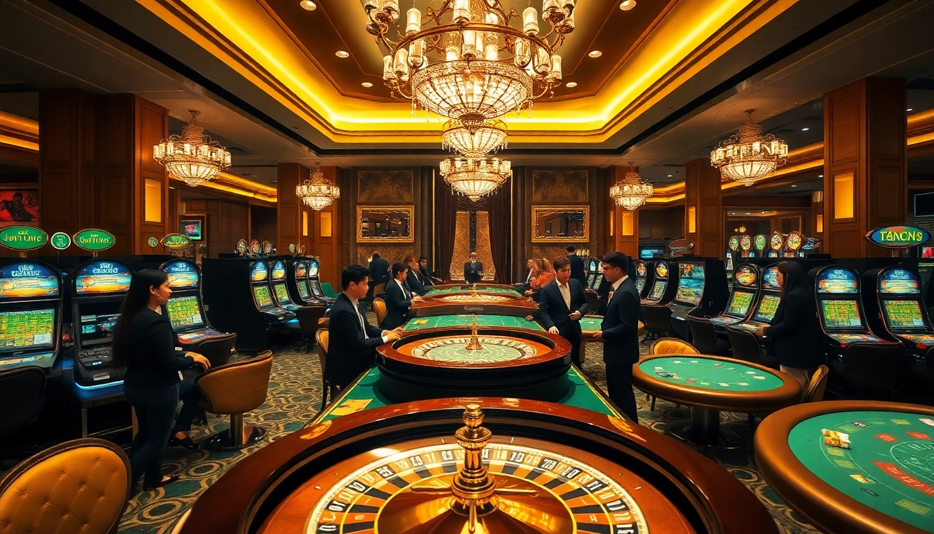 Exciting gaming scene at TRANG CHỦ HBBET with players around roulette and slot machines.