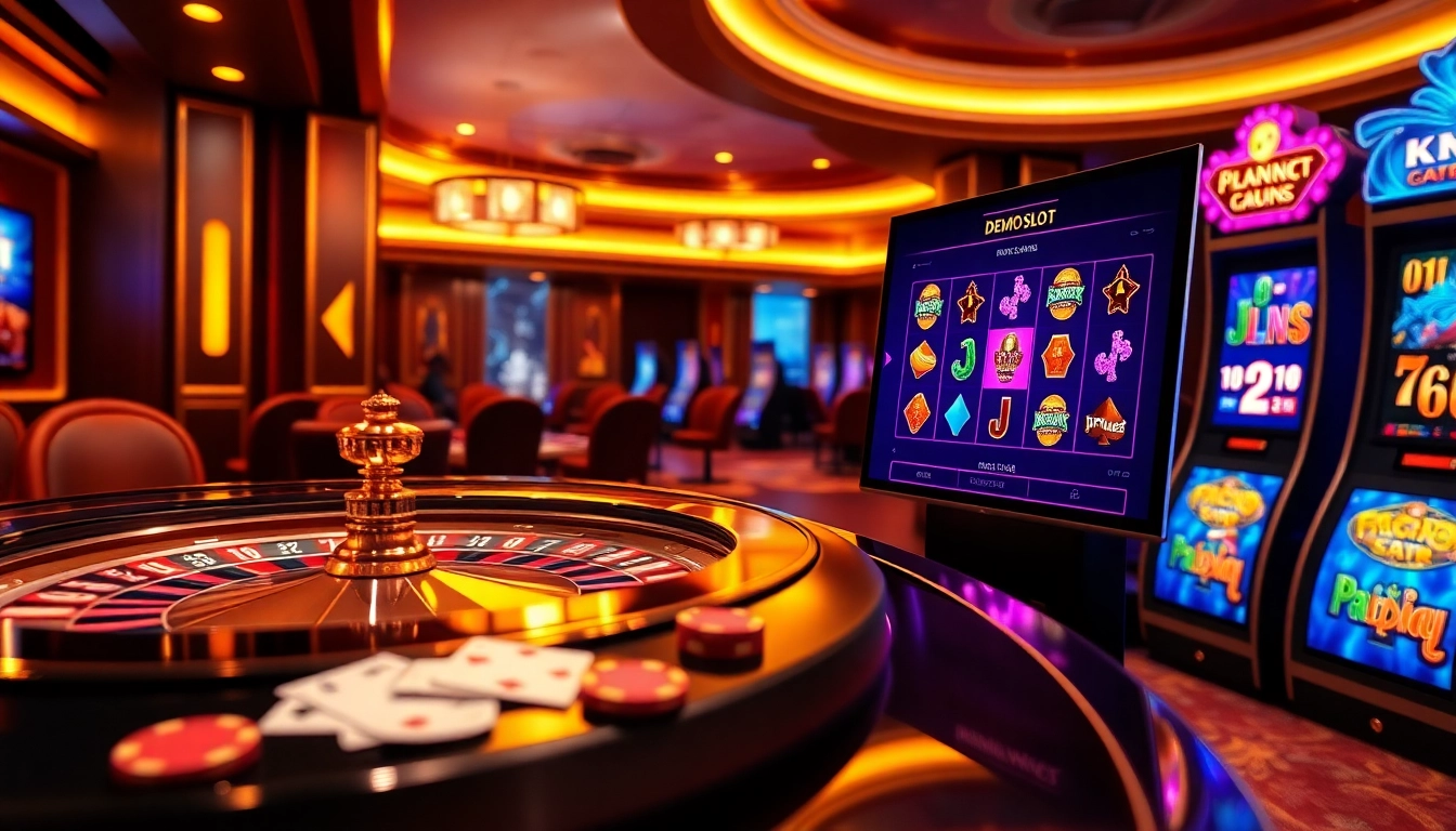 Experience the excitement of demo slot gaming in a luxurious casino setting with vibrant visuals.