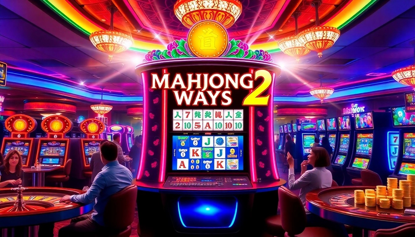 Winning players at the Mahjong Ways 2 slot machine celebrating big jackpots in a luxurious casino.