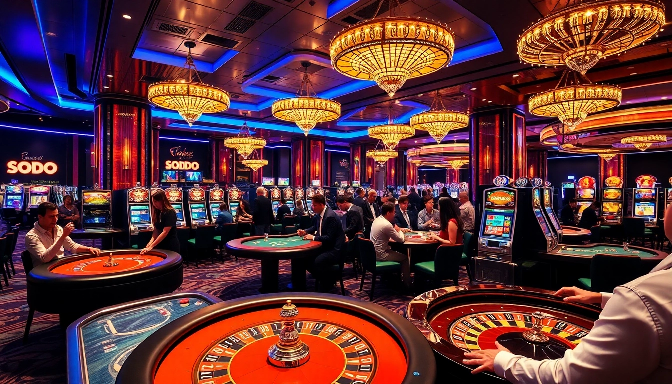 SODO casino scene showcasing vibrant slot machines and excited players at poker tables.