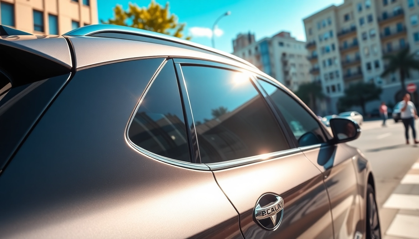 Get professional window tint near me on a stylish vehicle parked in a bustling city.