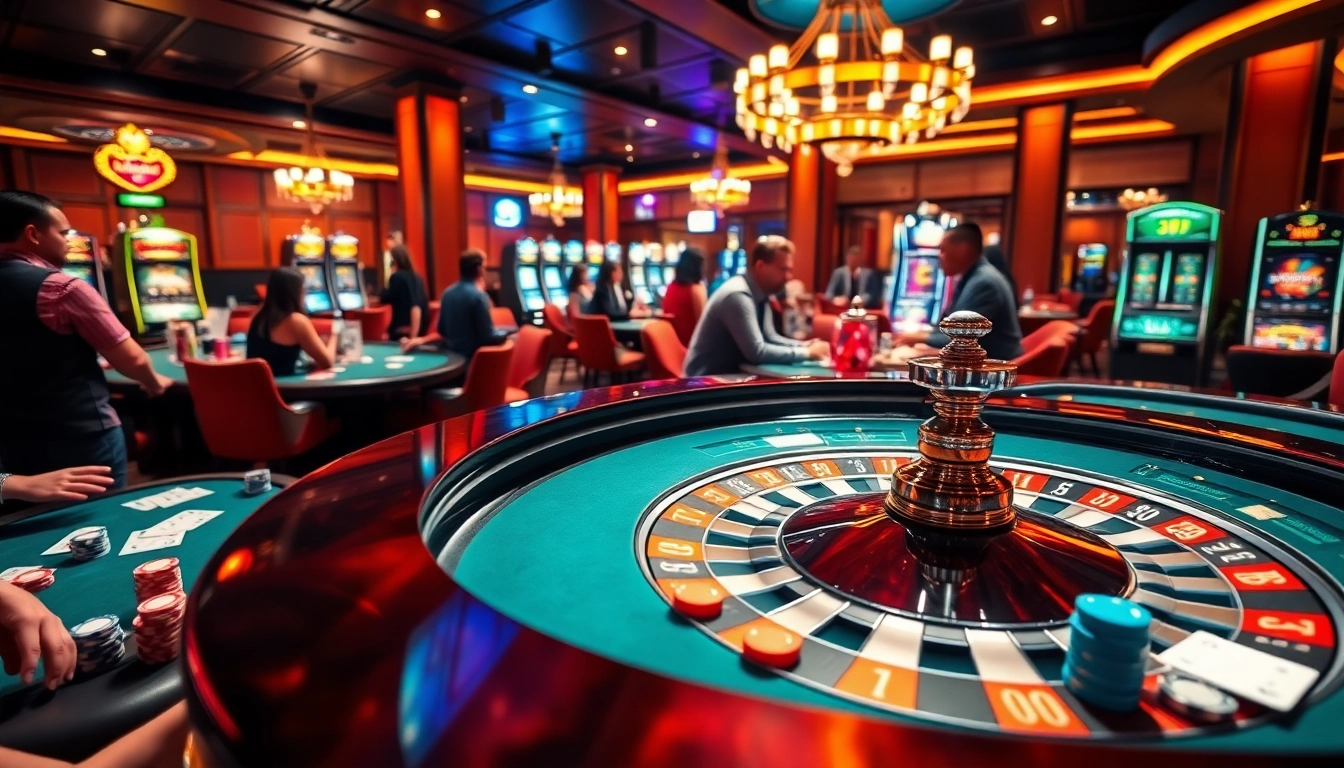 Gamblers placing bets at luxurious SODO casino tables, celebrating wins with poker chips and cards.