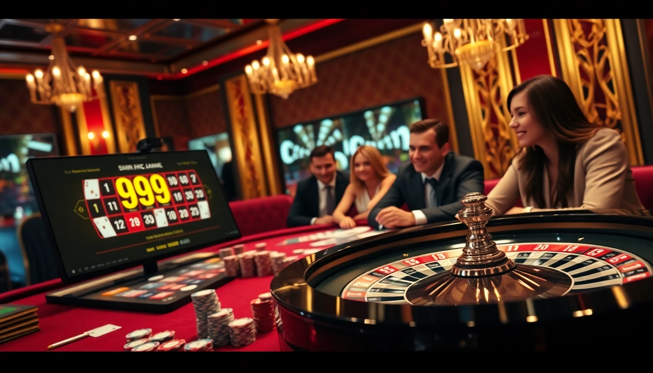 Players experiencing excitement at a 99WIN casino table with vibrant poker chips and online interface.