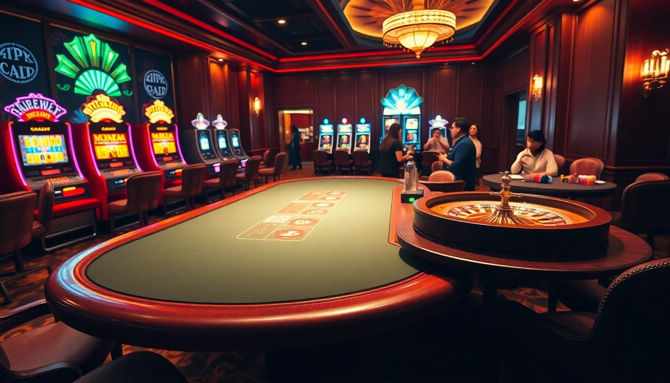 Experience thrilling gameplay on s8com with poker chips and vibrant slot machines in a luxurious casino.