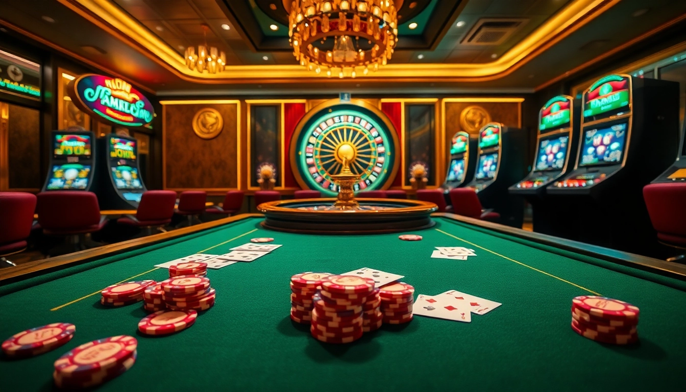 Experience the thrill of home bdjl with a luxurious casino setting featuring poker tables and vibrant slot machines.