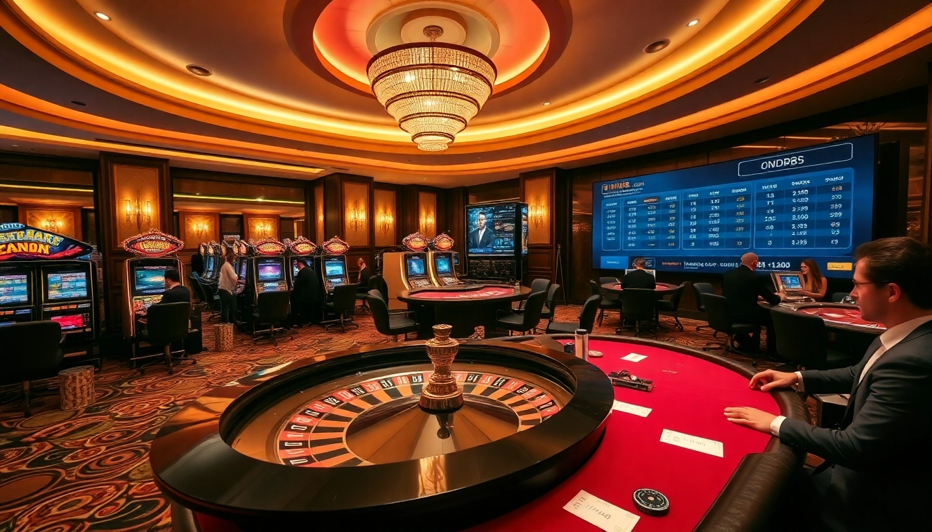 Experience the thrill of betting at https://onew88.com/ with a luxury casino setting showcasing live games.