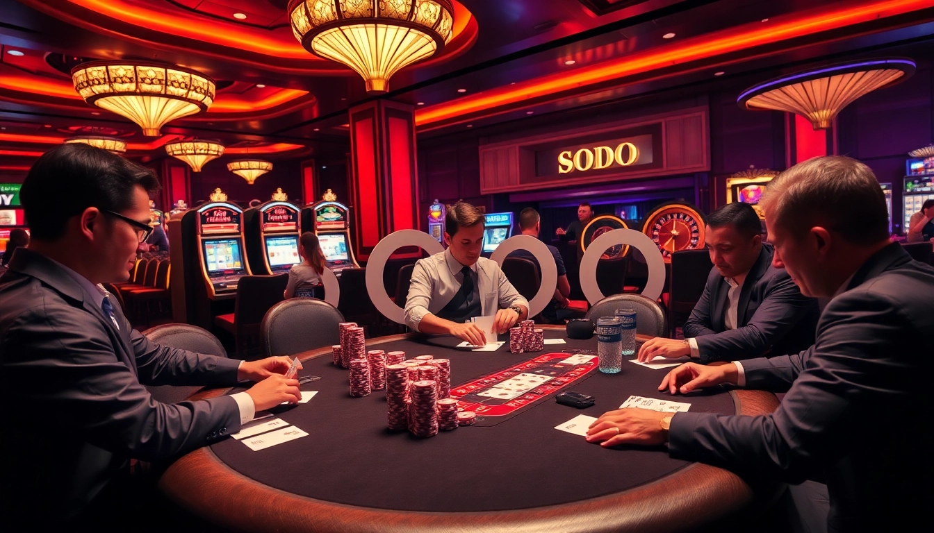 SODO Casino scene with high-stakes poker players, vibrant chips, and a roulette wheel.