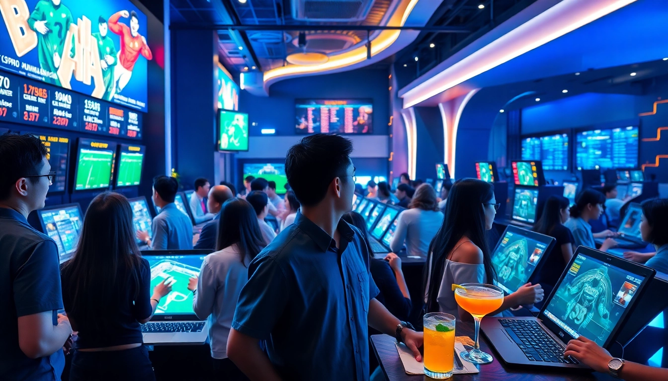 Experience the excitement at a Singapore Sportsbetting Site with diverse bettors in a vibrant gaming environment.