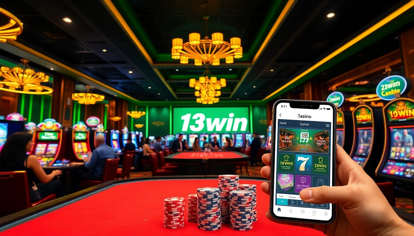 Engage with the exciting 13win app while playing at a luxury casino table filled with vibrant slot machines and poker chips.