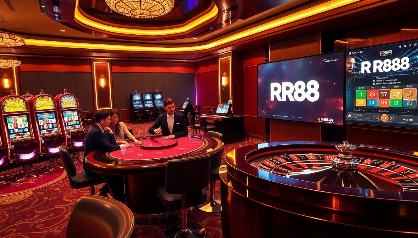 Experience the thrill of Nhà cái RR88 with luxurious casino visuals featuring jackpot slots and roulette action.
