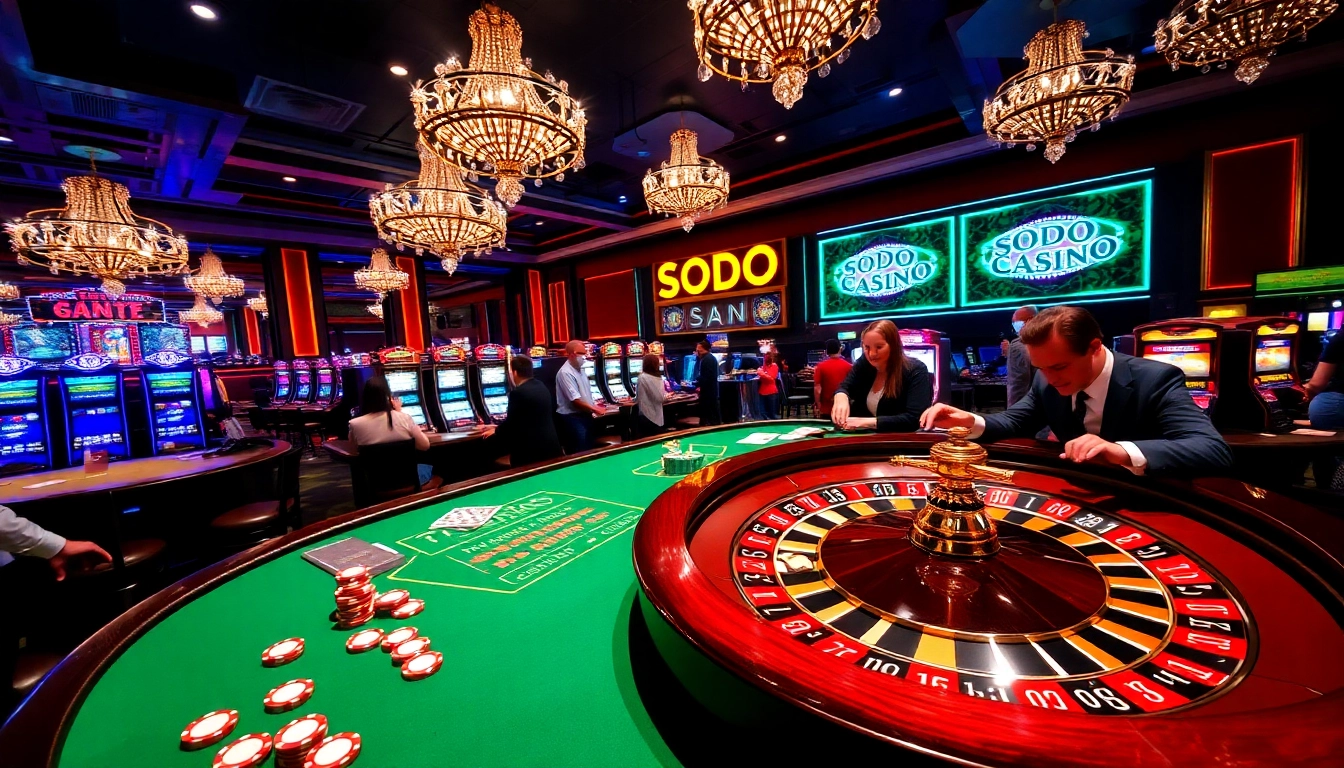 Exciting gambling action at SODO CASINO with roulette, poker chips, and illuminated atmosphere.