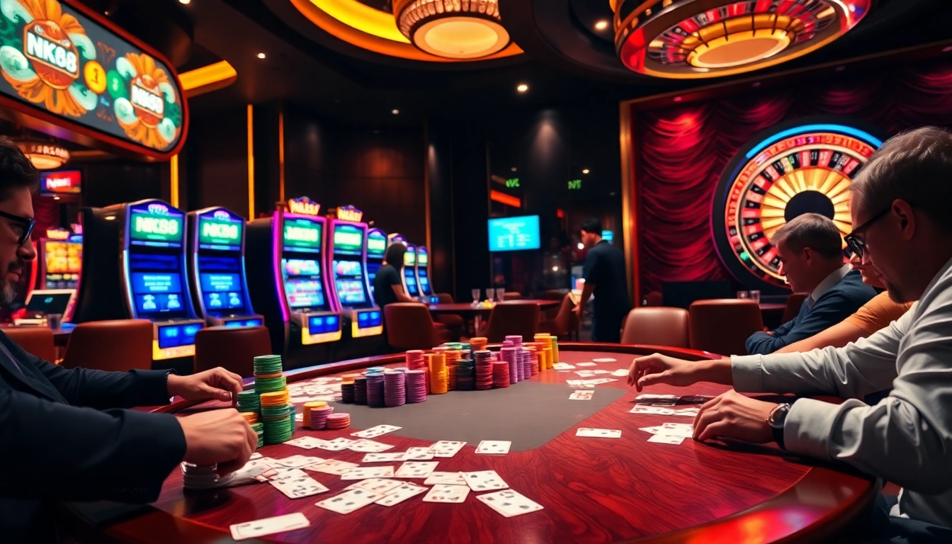 Professional gambler placing strategic nk88 bets with colorful poker chips and cards