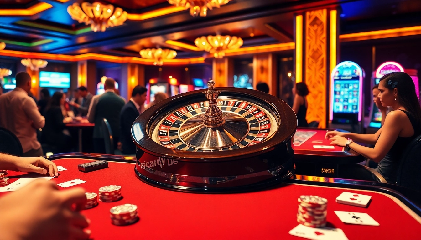 Exciting casino scene showcasing roulette, poker chips, and vibrant players at https://viscard.de.com/.