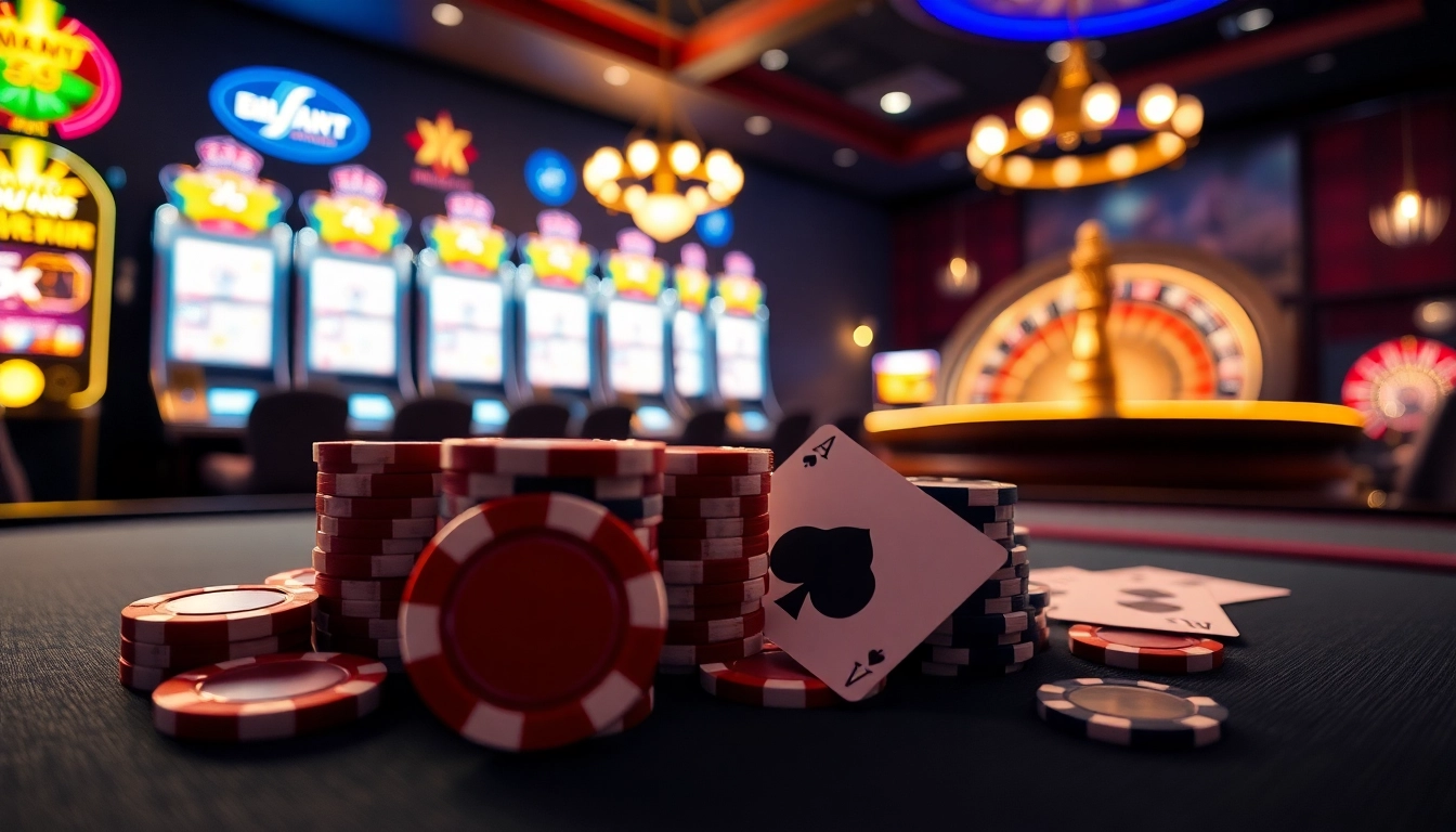 Experience the thrill of gambling at open88.mobi with an exciting casino scene featuring a poker table and vibrant slot machines.