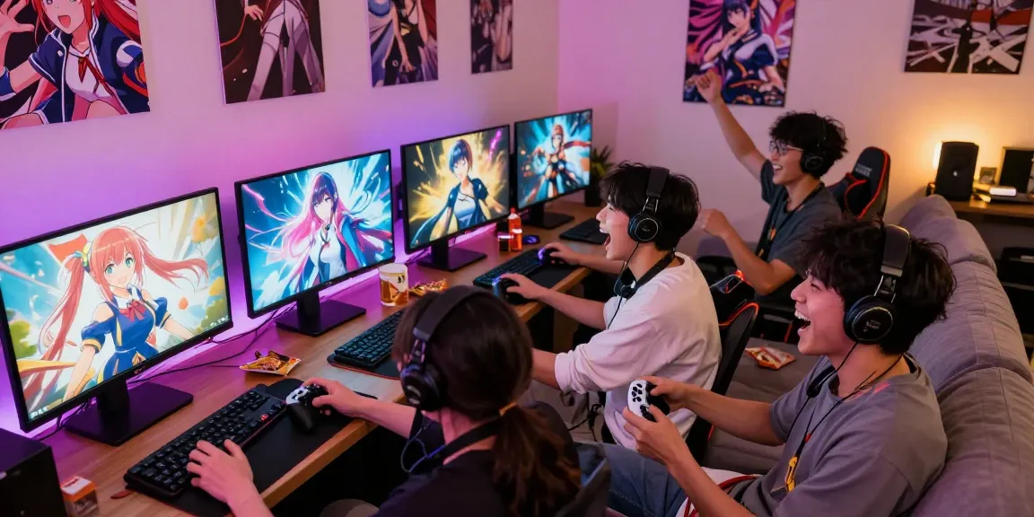 Gamers enjoying hentai games in a vibrant gaming room.