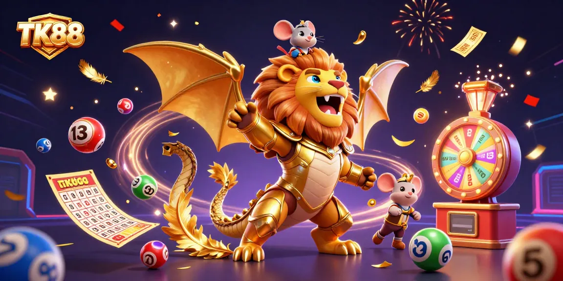 TK88 showcases thrilling lottery action with vibrant balls, golden tickets, and a triumphant chimera creature illustration.