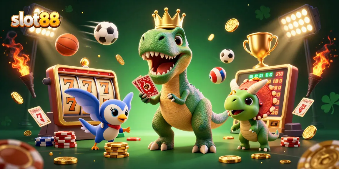 Menangkan jackpot slot88 dengan tumpukan chip emas dan karakter slot lucu yang beraksi.
