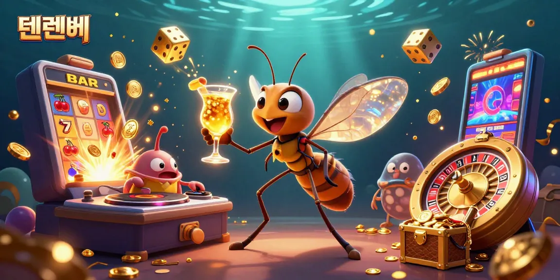 Engaging gambling action with 텐텐벳 mascot, golden roulette wheel, vibrant slot machines.