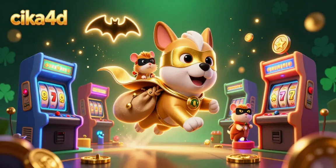 Cika4d engaging illustration showing a superhero dog flying with coins; showcasing dynamic gaming elements.