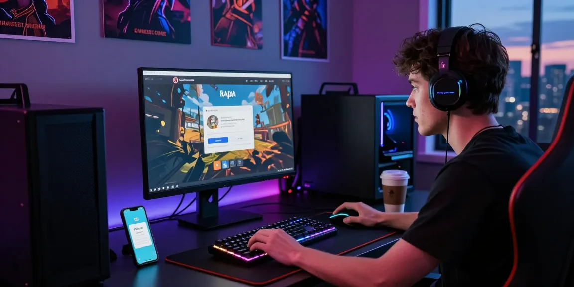 Raja Game login scene, user focused on computer, gaming accessories, immersive lighting.
