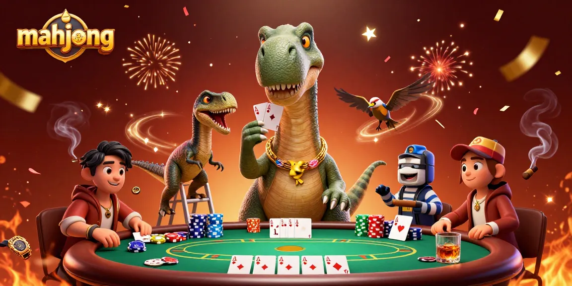 Engage with mahjong strategy at a vibrant casino scene featuring a brontosaurus and poker action.