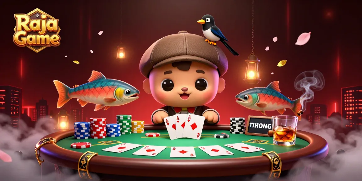Engage in thrilling games at Raja Game with a vibrant poker scene featuring cute characters.