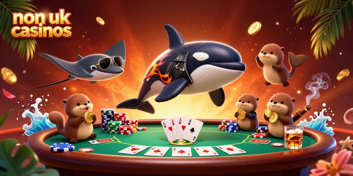 A playful scene with non UK casinos characters showcasing vibrant gambling elements, including poker and sea otters with coins.