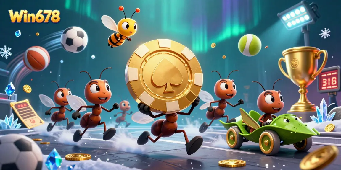 Win678 showcases ants in a heist carrying a golden poker chip, surrounded by vibrant casino elements.