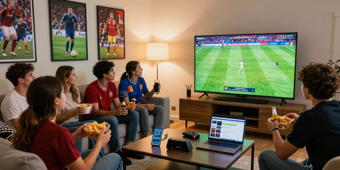 رابط مشاهدة مباريات اليوم بدون تقطيع, friends enjoying a live football match in a cozy living room with snacks and excitement.