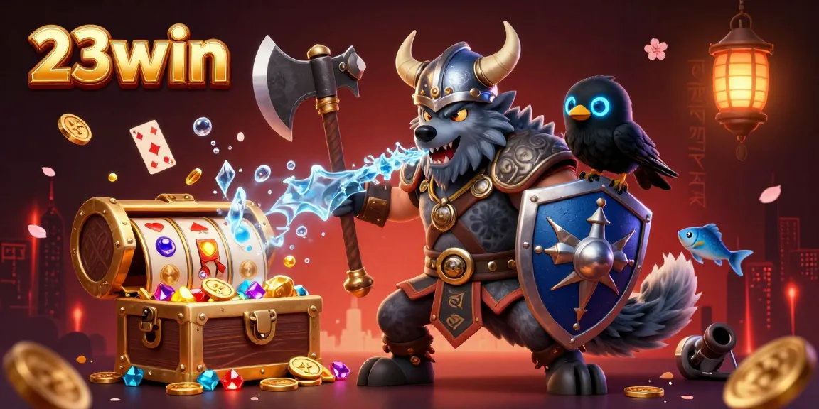Engage with thrilling slots at 23win surrounded by vibrant gold coins and magical creatures.