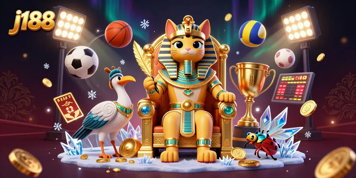 Engage with j188's vibrant sports betting scene featuring an Egyptian pharaoh cat and dynamic sports elements.